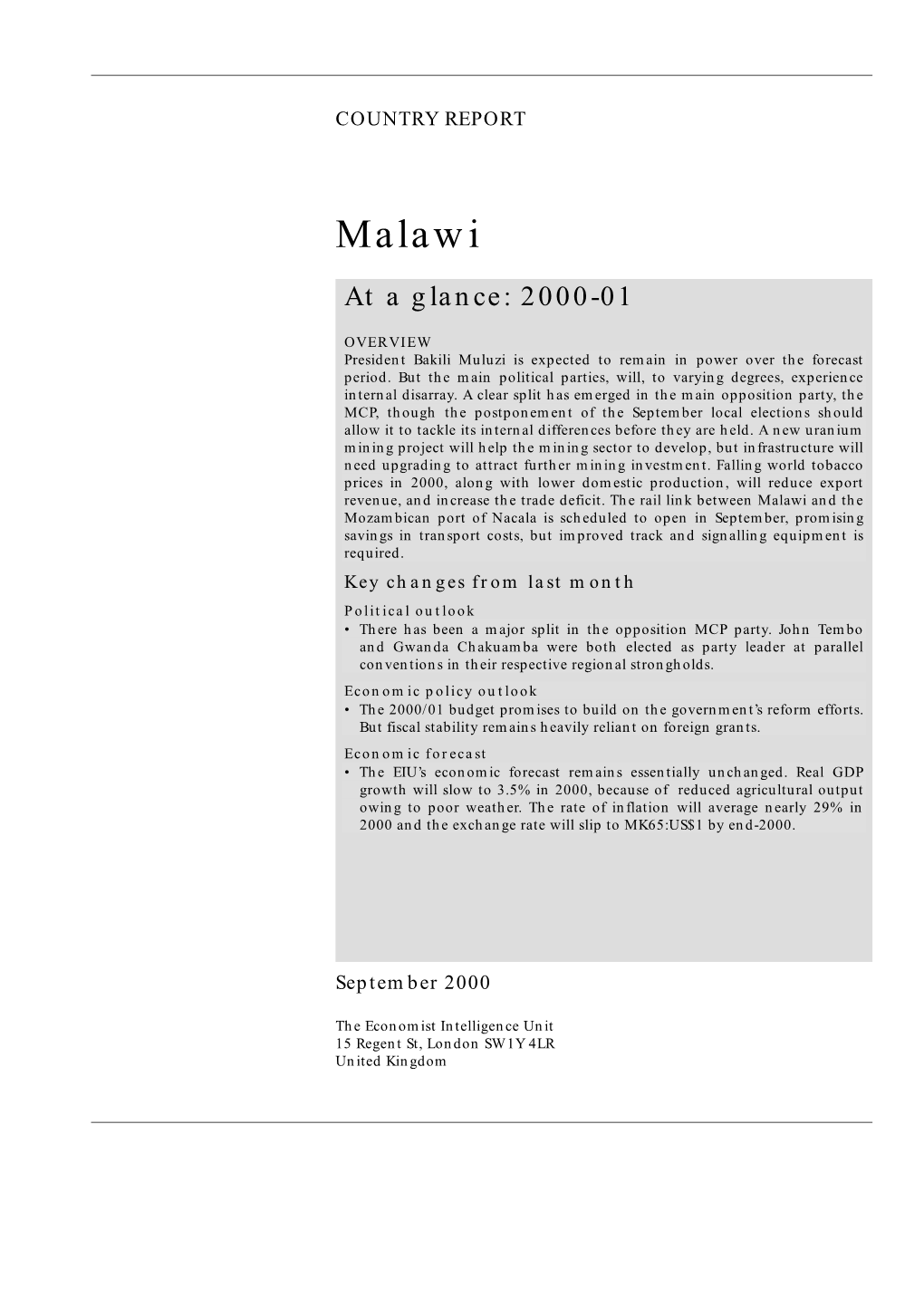Malawi at a Glance: 2000-01