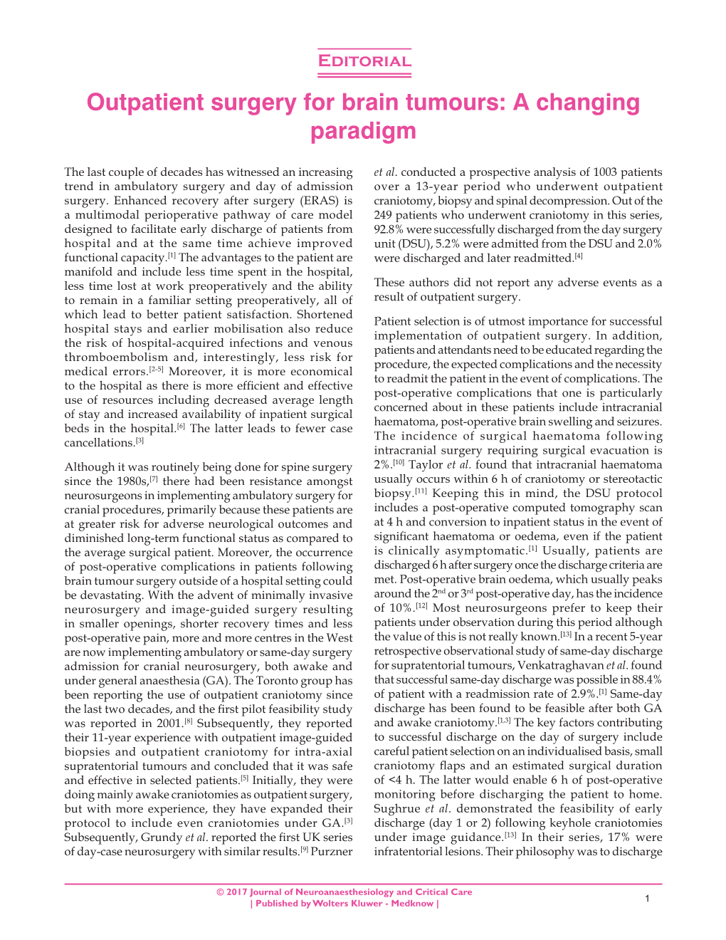 Outpatient Surgery for Brain Tumours: a Changing Paradigm