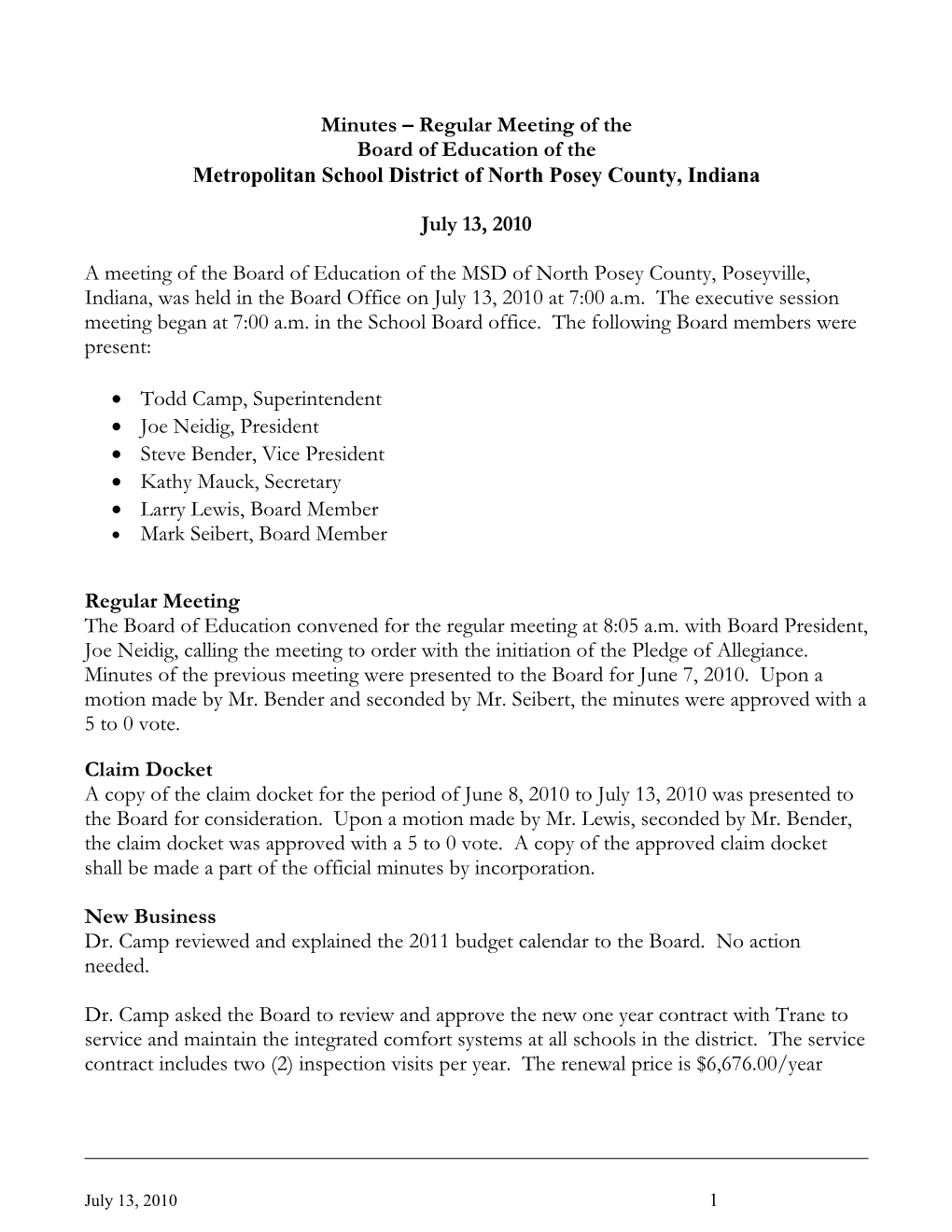 Minutes – Regular Meeting of the Board of Education of the Metropolitan School District of North Posey County, Indiana