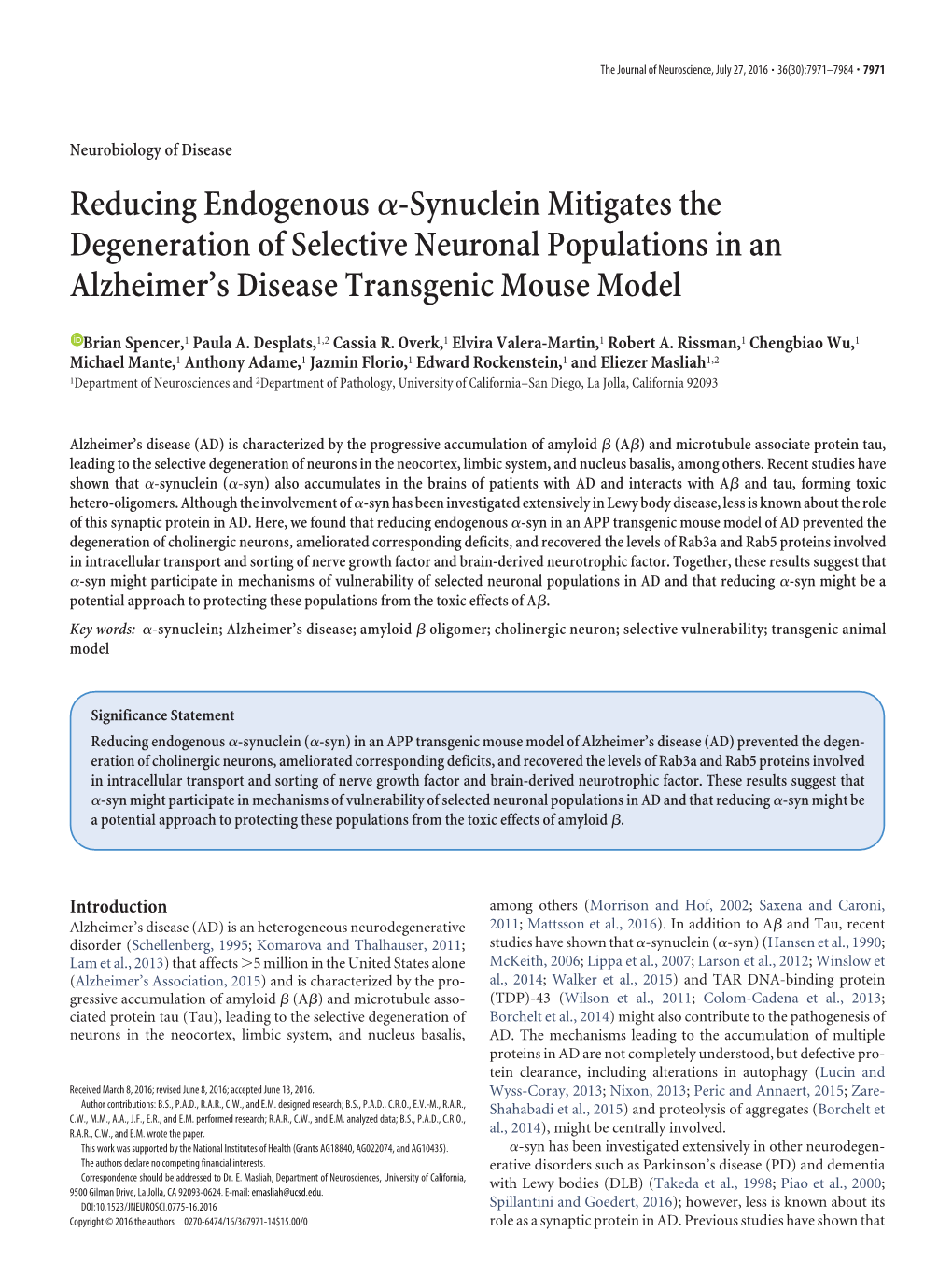 Reducing Endogenous Α-Synuclein Mitigates the Degeneration of Selective Neuronal Populations in an Alzheimer's Disease Tran