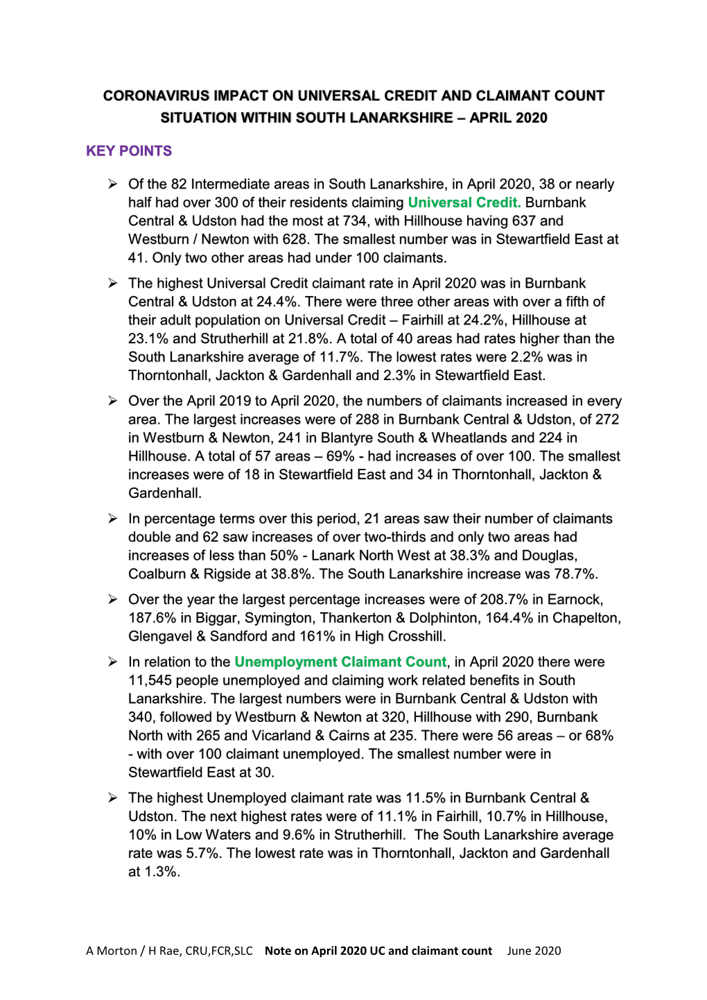 Coronavirus Impact on Universal Credit and Claimant Count Situation Within South Lanarkshire – April 2020