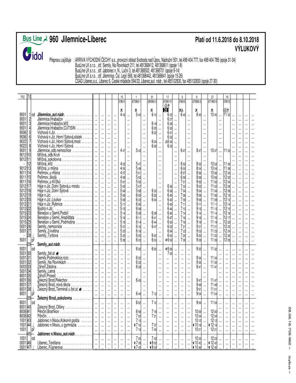 960 Jilemnice-Liberec Platí Od 11.6.2018 Do 8.10.2018 VÝLUKOVÝ