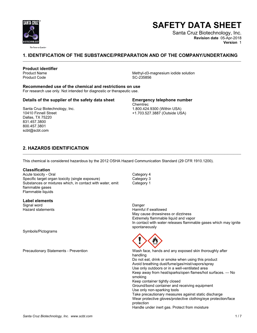 SAFETY DATA SHEET Santa Cruz Biotechnology, Inc