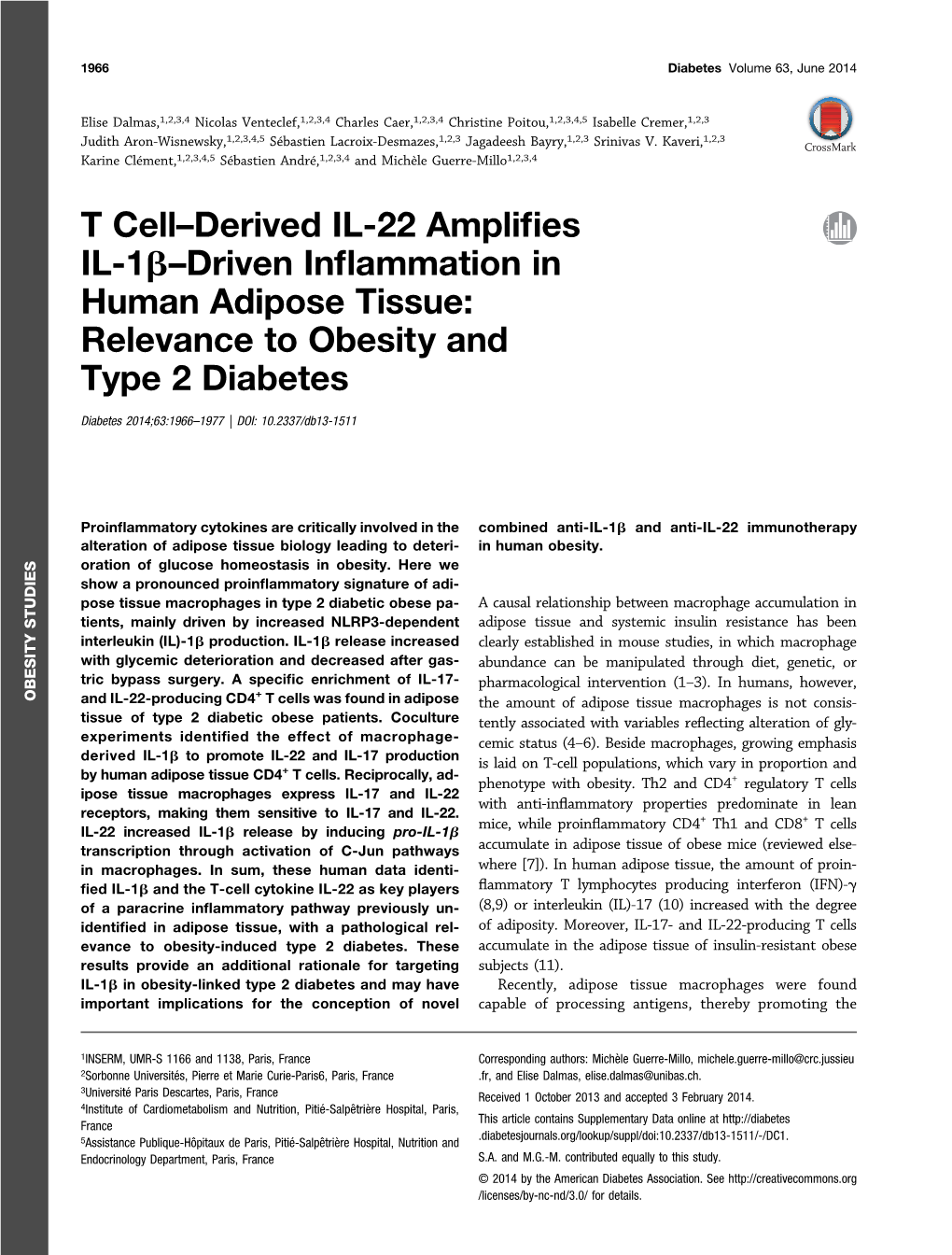 T Cell–Derived IL-22 Amplifies IL-1B–Driven Inflammation in Human Adipose Tissue