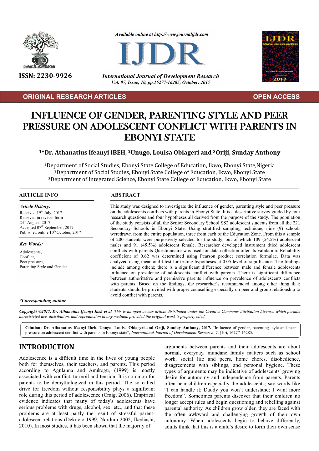 Influence of Gender, Parenting Style and Peer Pressure on Adolescent Conflict with Parents in Ebonyi State