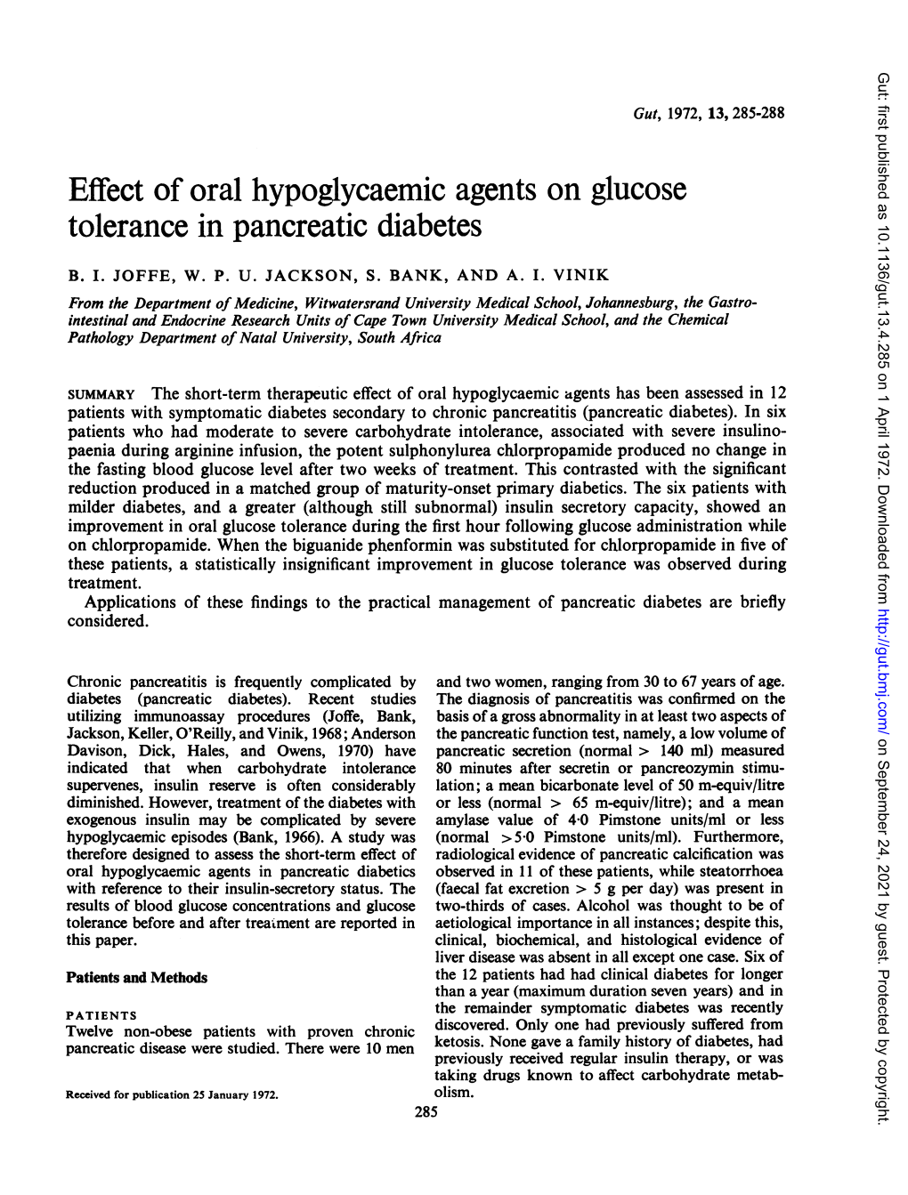 Effect of Oral Hypoglycaemic Agents on Glucose Tolerance in Pancreatic Diabetes