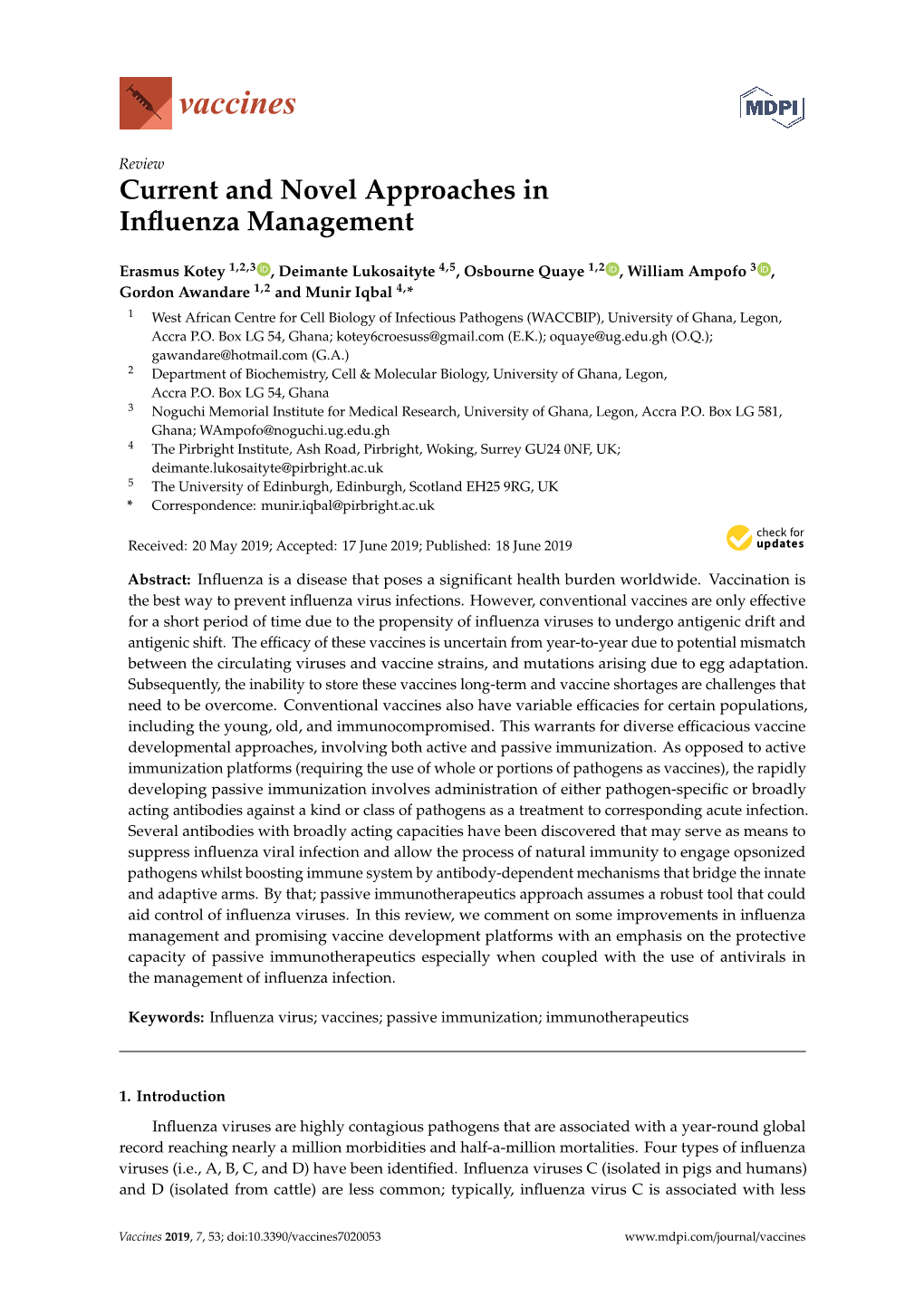 Current and Novel Approaches in Influenza Management