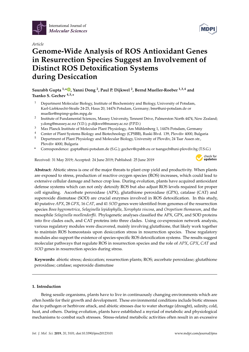 Genome-Wide Analysis of ROS Antioxidant Genes in Resurrection Species Suggest an Involvement of Distinct ROS Detoxification Syst