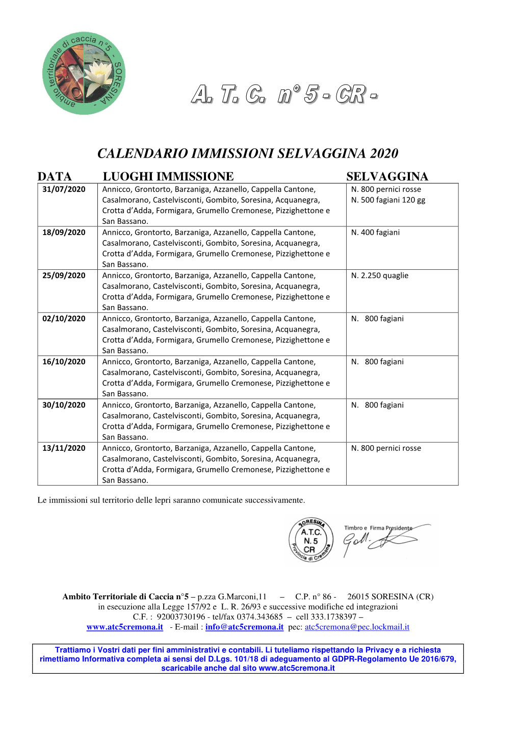 Calendario Immissioni Selvaggina 2020