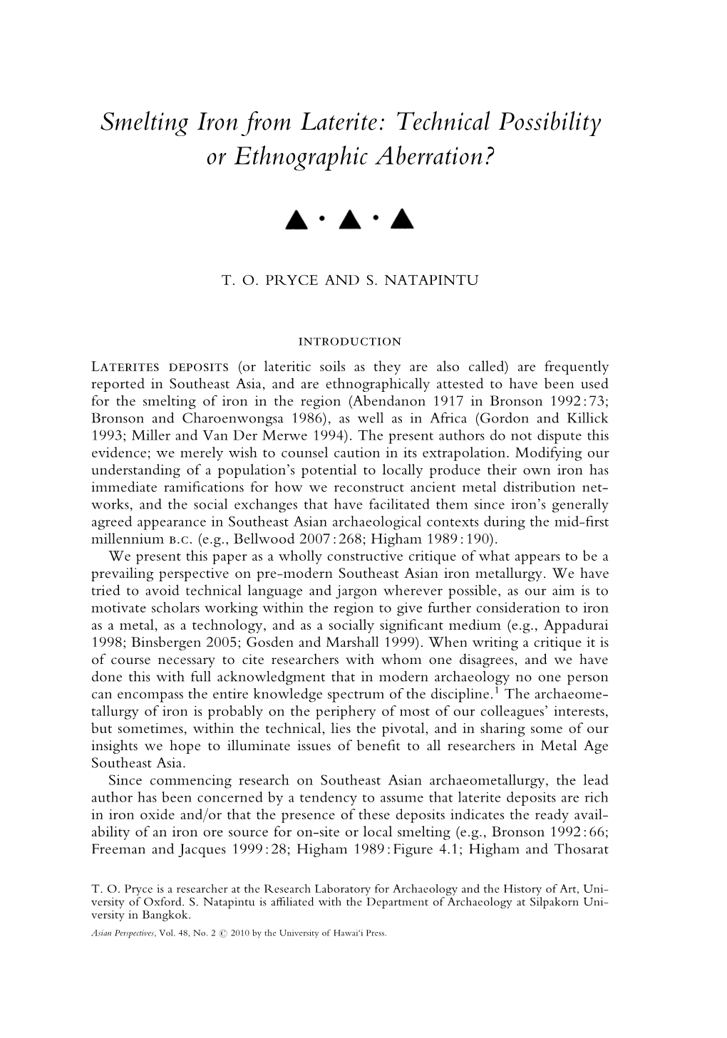 Smelting Iron from Laterite: Technical Possibility Or Ethnographic Aberration?