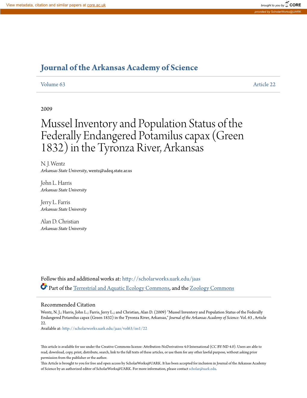 Mussel Inventory and Population Status of the Federally Endangered Potamilus Capax (Green 1832) in the Tyronza River, Arkansas N