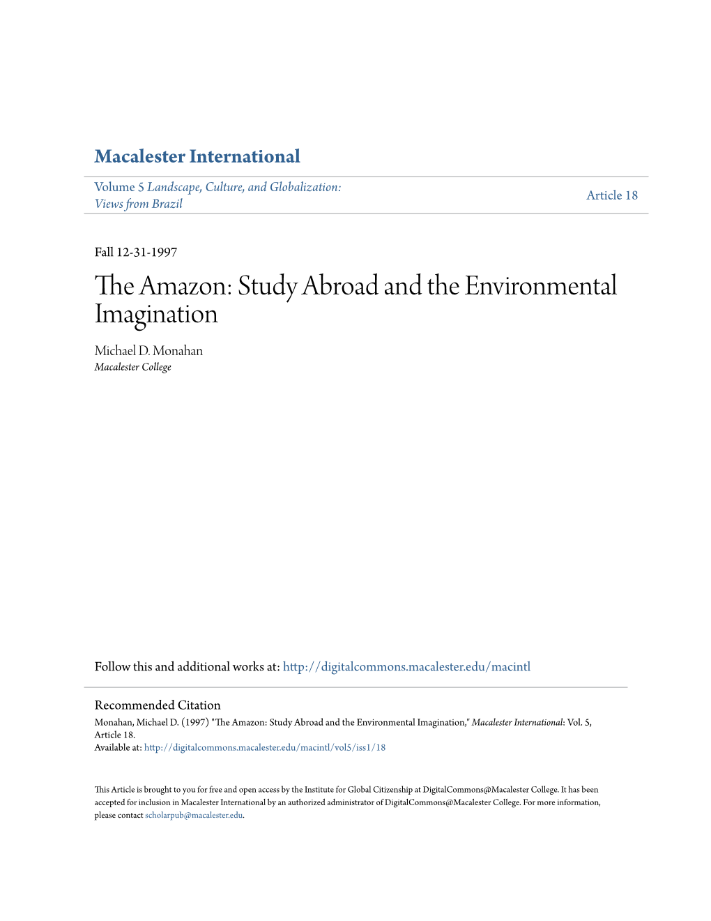 Study Abroad and the Environmental Imagination Michael D