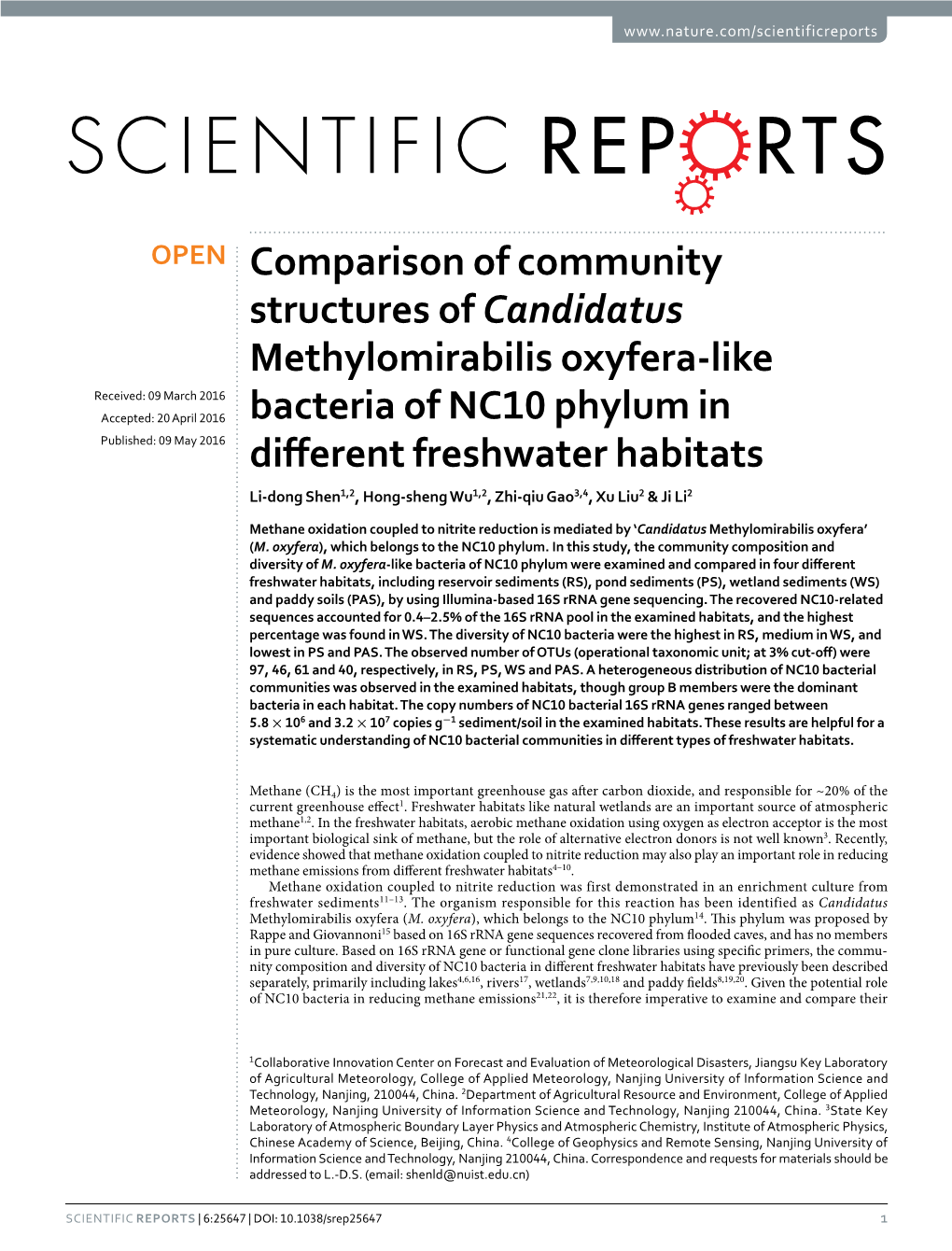 Comparison of Community Structures of Candidatus Methylomirabilis Oxyfera-Like Bacteria of NC10 Phylum in Different Freshwater Habitats