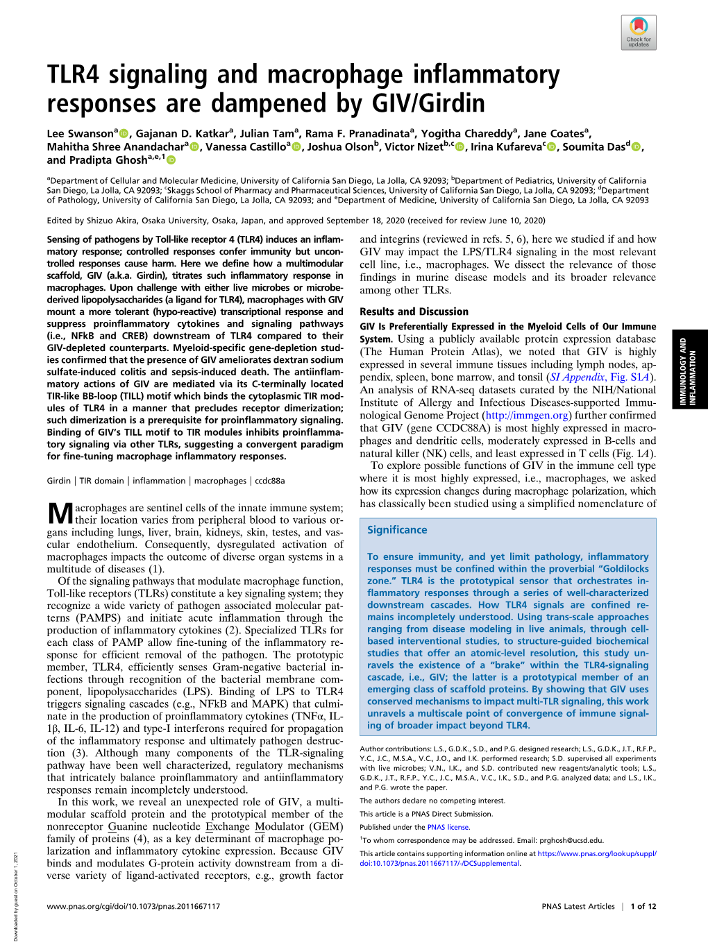 TLR4 Signaling and Macrophage Inflammatory Responses Are Dampened by GIV/Girdin