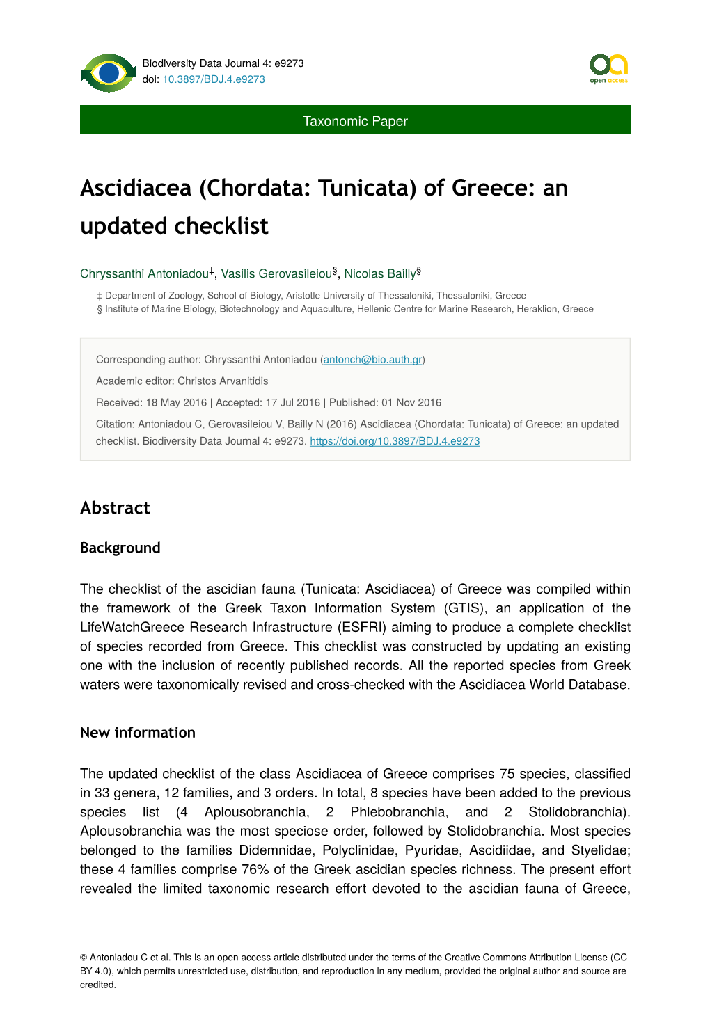 Ascidiacea (Chordata: Tunicata) of Greece: an Updated Checklist