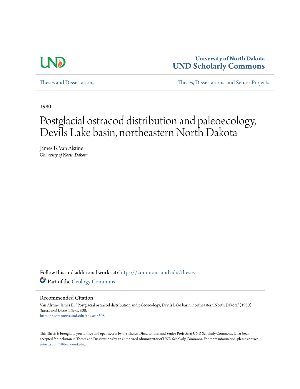 Postglacial Ostracod Distribution and Paleoecology, Devils Lake Basin, Northeastern North Dakota James B