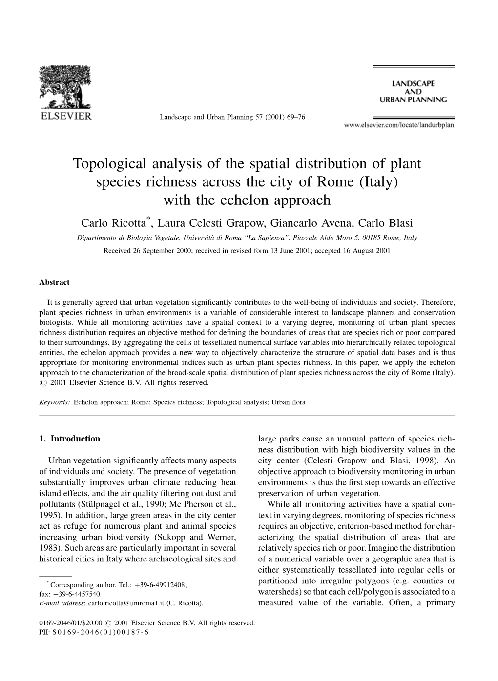 Topological Analysis of the Spatial Distribution of Plant Species Richness Across the City of Rome