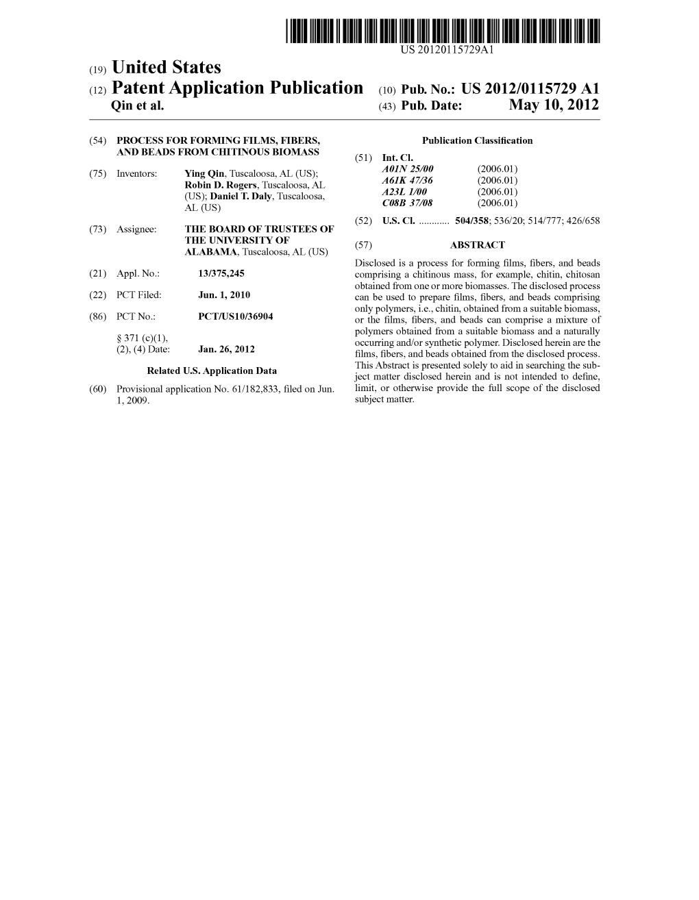 (12) Patent Application Publication (10) Pub. No.: US 2012/0115729 A1 Qin Et Al