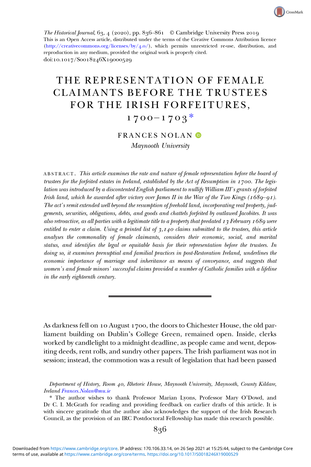 The Representation of Female Claimants Before the Trustees for the Irish Forfeitures, – *