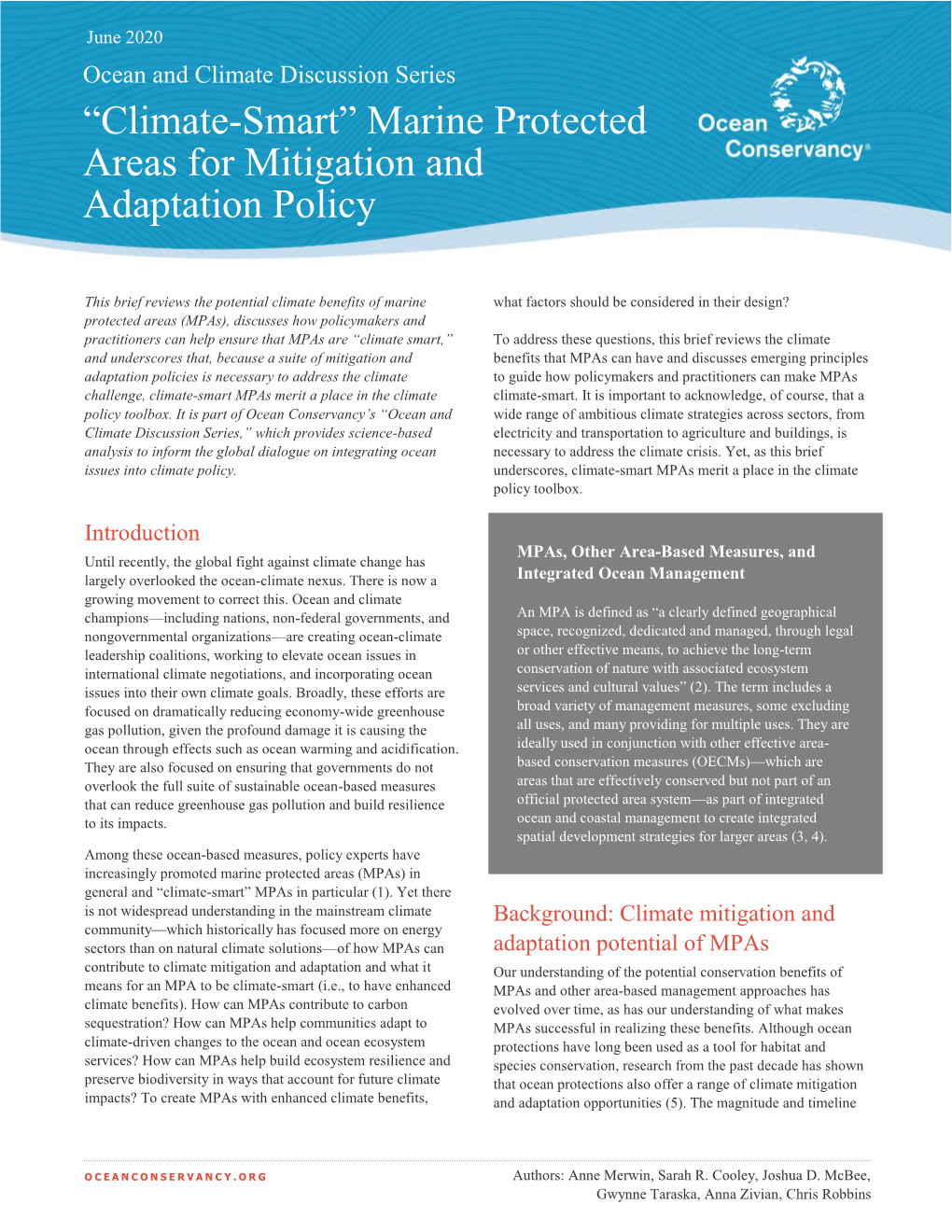 Climate-Smart” Marine Protected Areas for Mitigation and Adaptation Policy