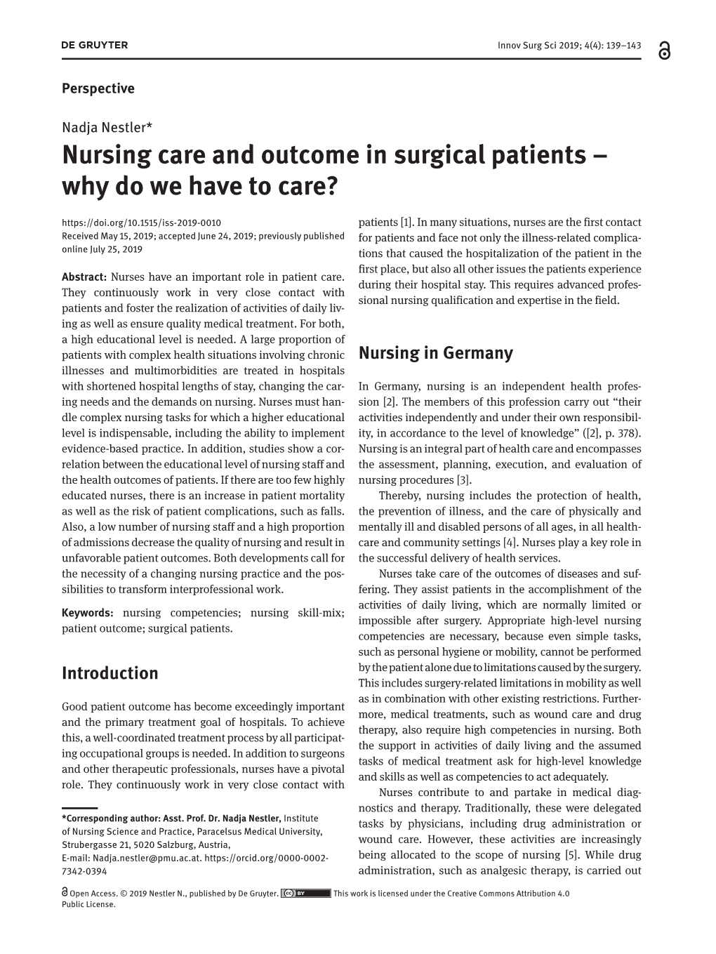 Nursing Care and Outcome in Surgical Patients – Why Do We Have to Care? Patients [1]