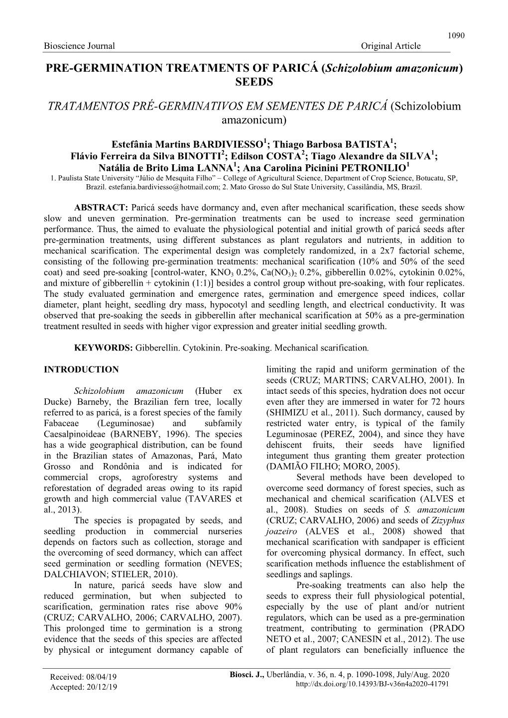 PRE-GERMINATION TREATMENTS of PARICÁ (Schizolobium Amazonicum) SEEDS