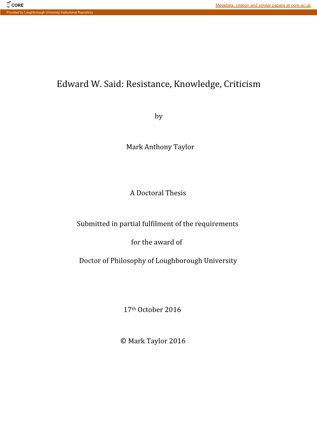 Edward W. Said: Resistance, Knowledge, Criticism