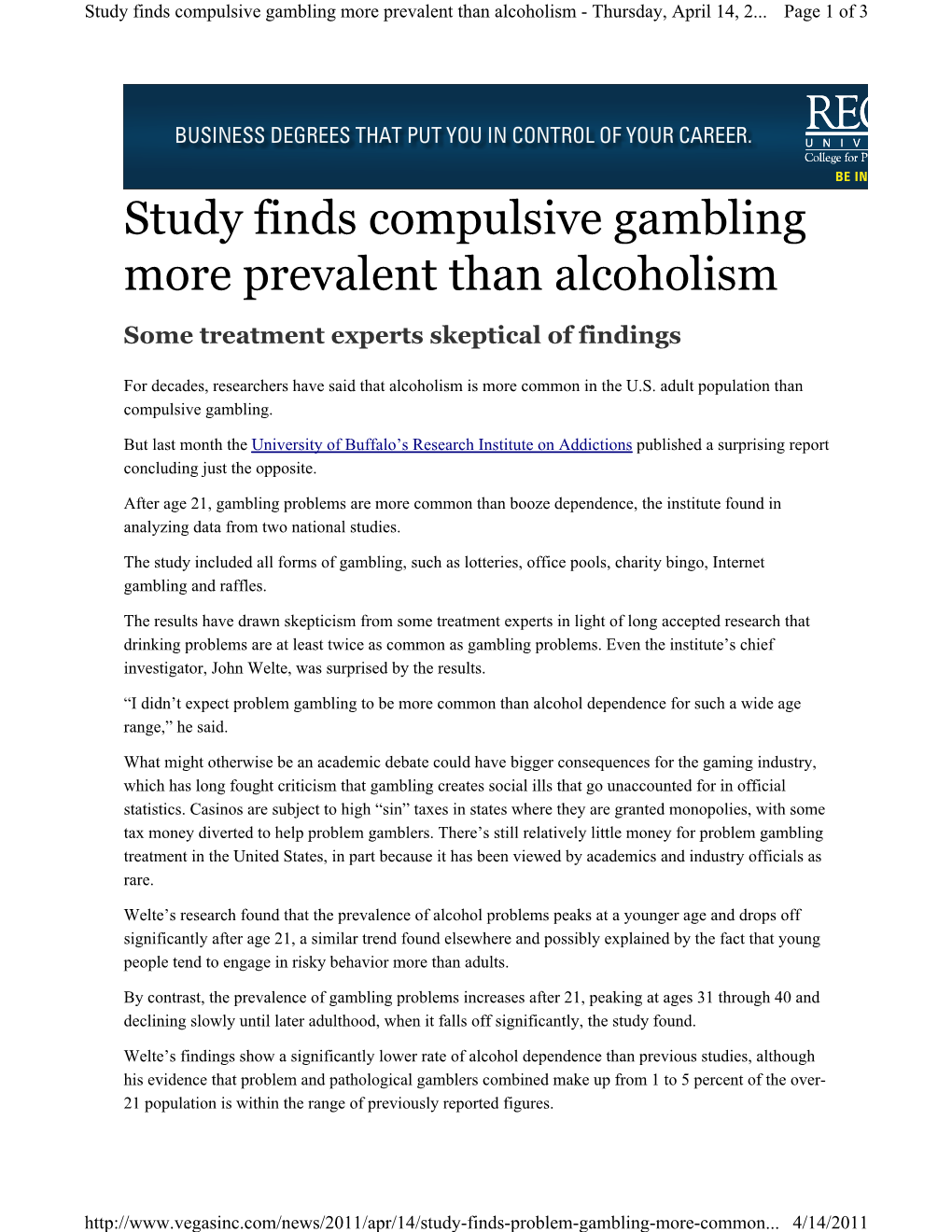 Study Finds Compulsive Gambling More Prevalent Than Alcoholism - Thursday, April 14, 2