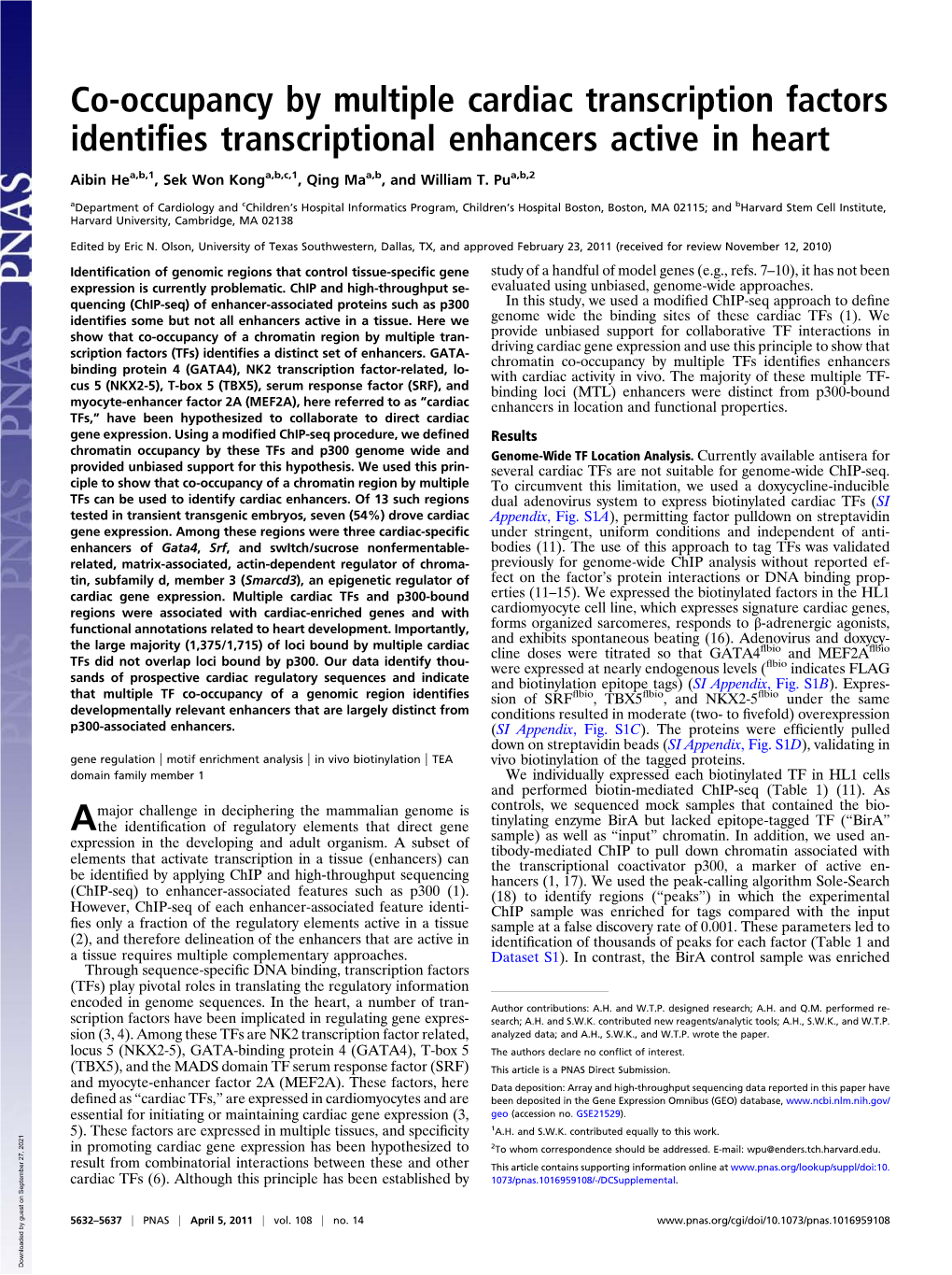 Co-Occupancy by Multiple Cardiac Transcription Factors Identifies