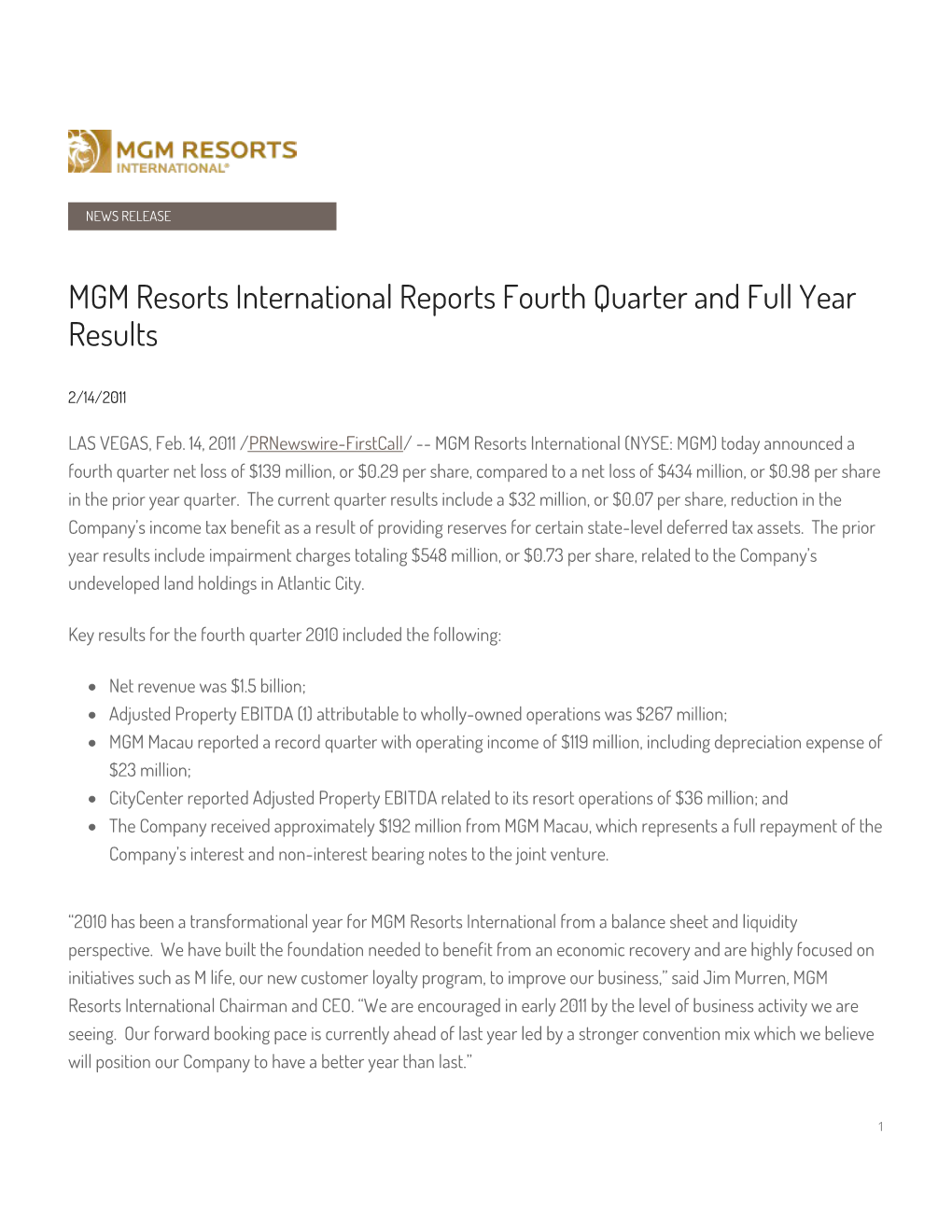 MGM Resorts International Reports Fourth Quarter and Full Year Results