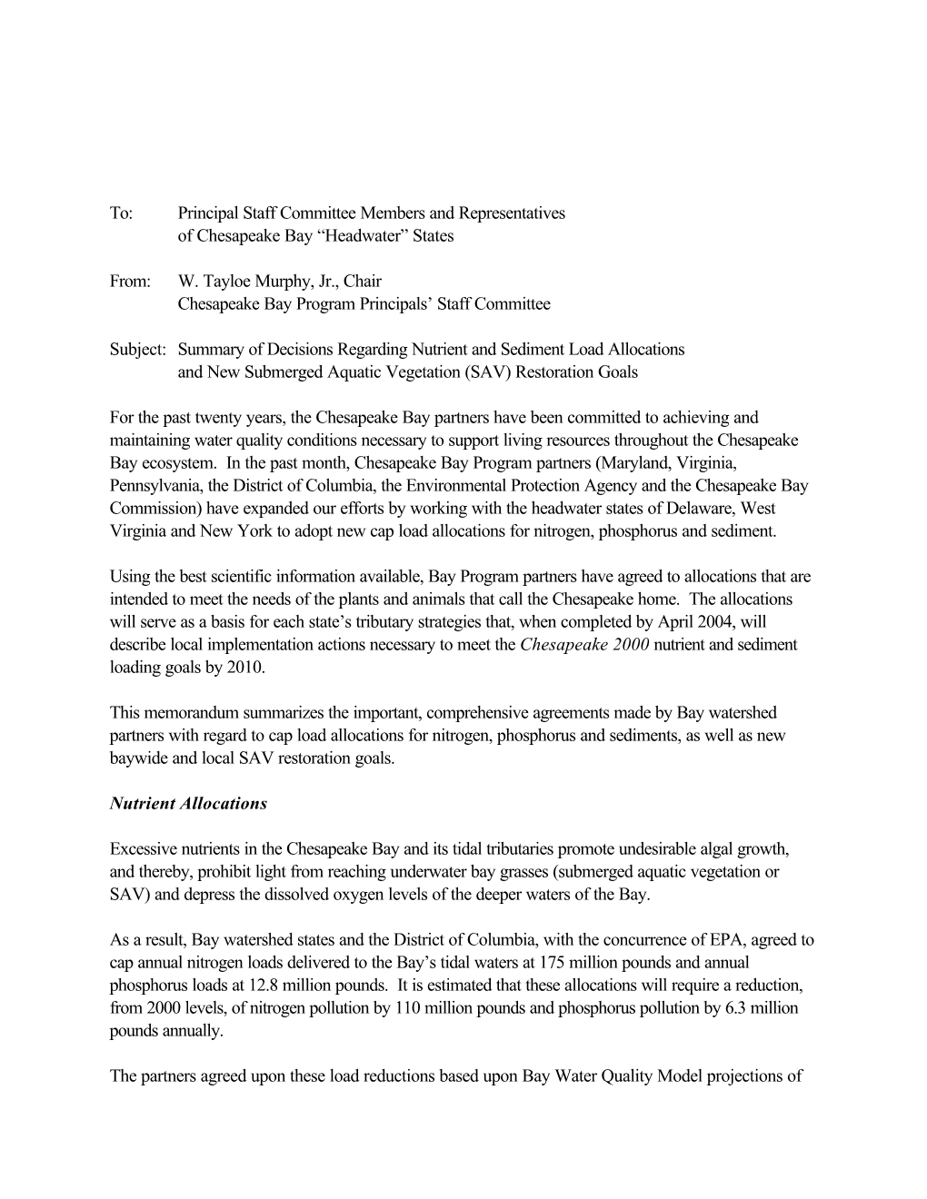 Summary of Decisions Regarding Nutrient and Sediment Load Allocations and New Submerged Aquatic Vegetation (SAV) Restoration Goals