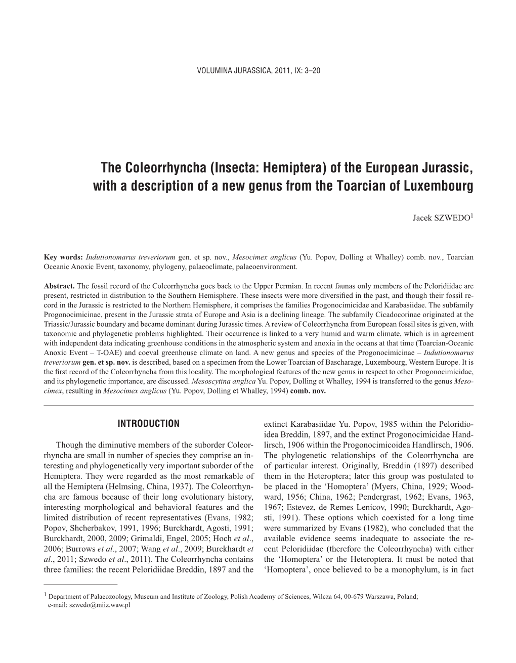 The Coleorrhyncha (Insecta: Hemiptera) of the European Jurassic, with a Description of a New Genus from the Toarcian of Luxembourg