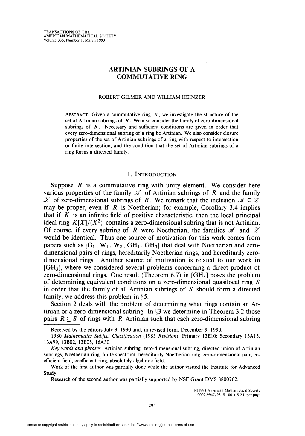 Artinian Subrings of a Commutative Ring