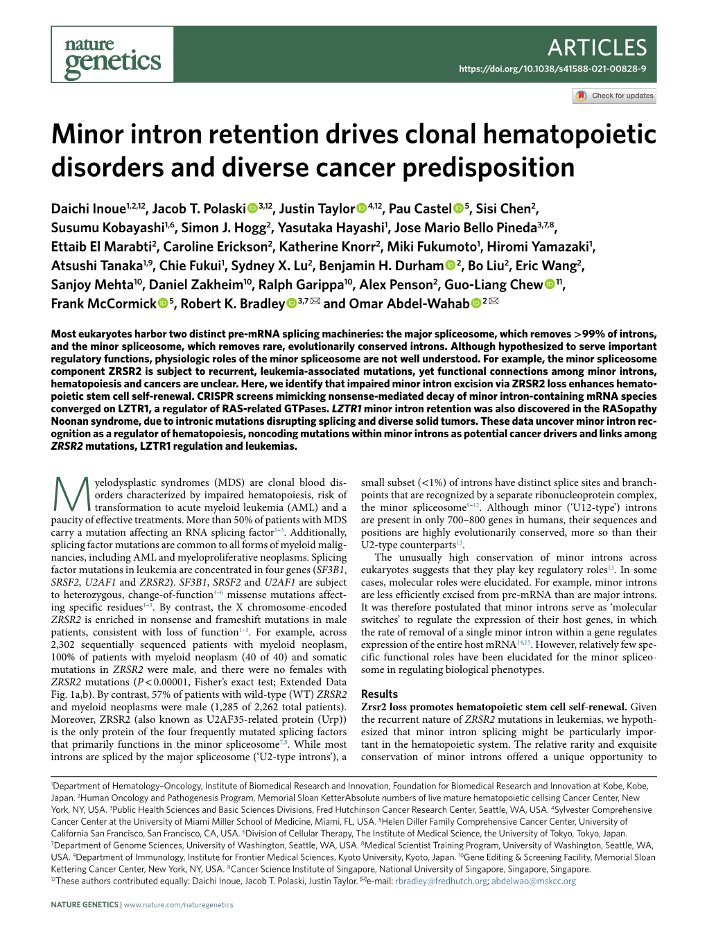Minor Intron Retention Drives Clonal Hematopoietic Disorders and Diverse Cancer Predisposition
