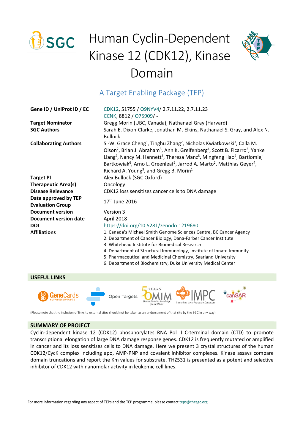 Human Cyclin-Dependent Kinase 12 (CDK12), Kinase Domain a Target Enabling Package (TEP)