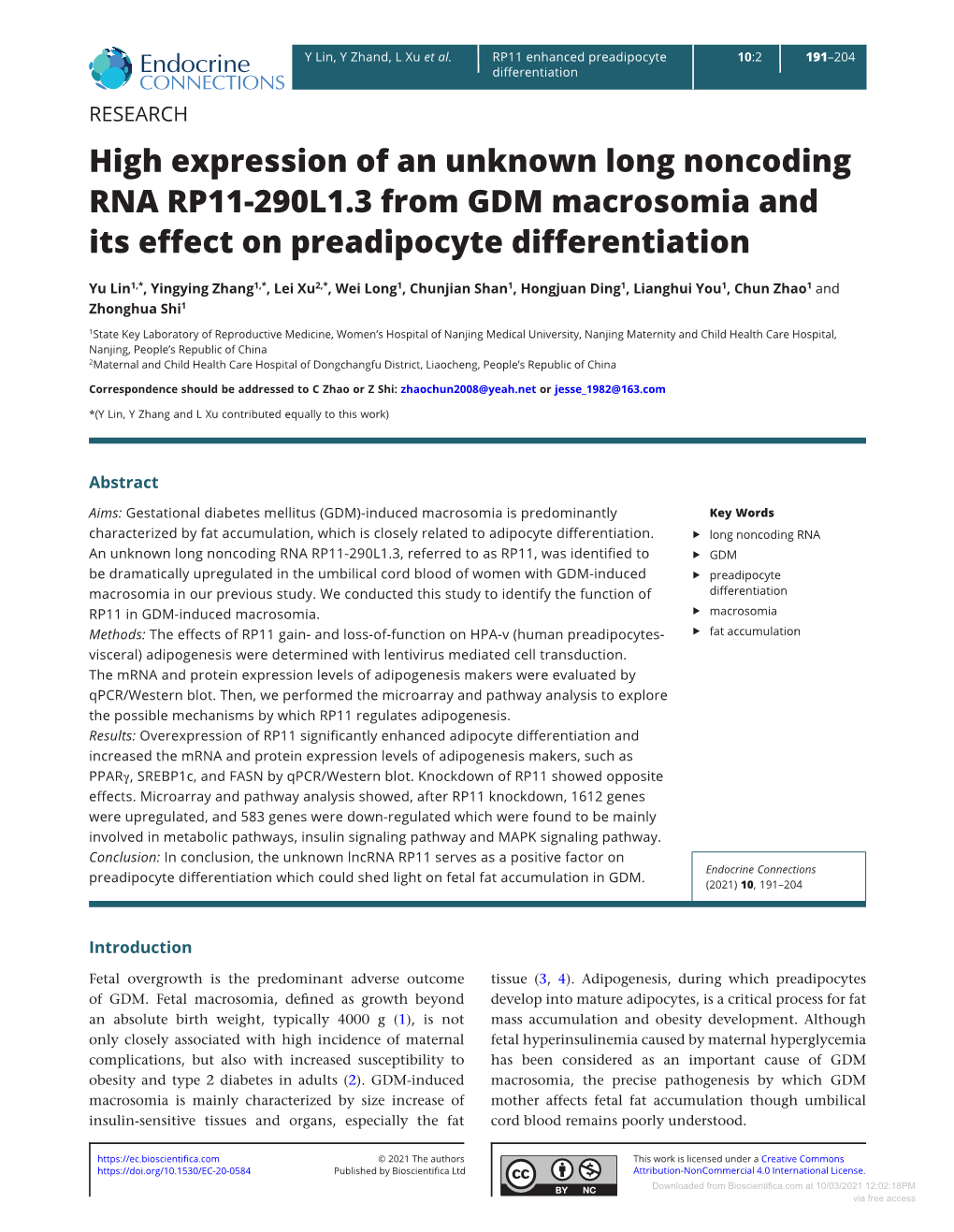 High Expression of an Unknown Long Noncoding RNA RP11-290L1.3 from GDM Macrosomia and Its Effect on Preadipocyte Differentiation