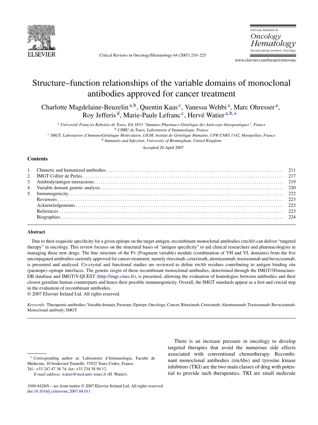 Structure–Function Relationships of the Variable Domains of Monoclonal