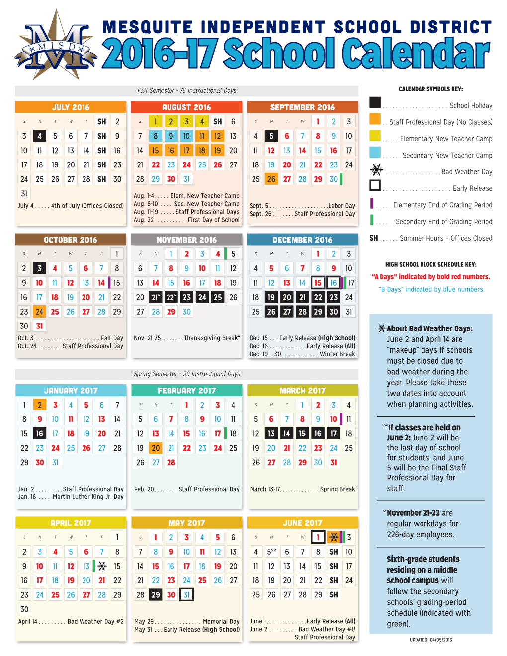 2016-17 School Calendar