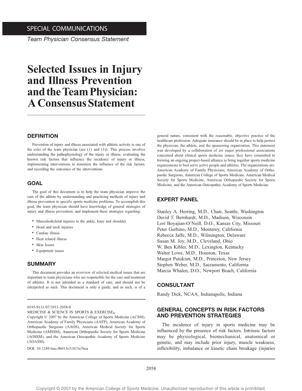 Selected Issues in Injury and Illness Prevention and the Team Physician