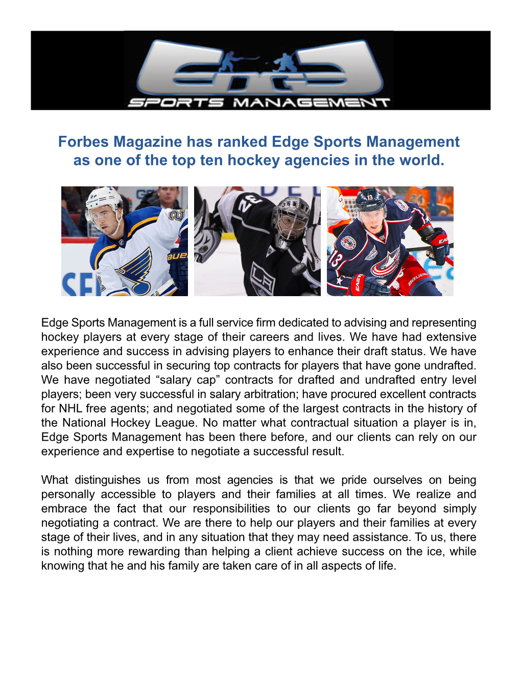 Forbes Magazine Has Ranked Edge Sports Management As One of the Top Ten Hockey Agencies in the World