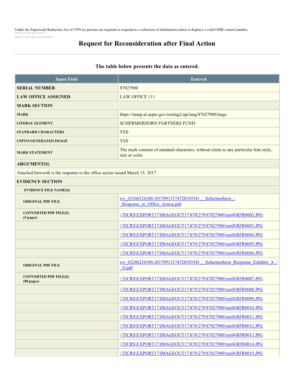 Request for Reconsideration After Final Action