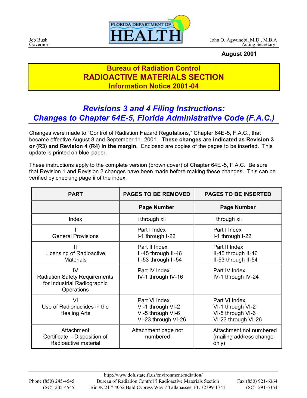 RADIOACTIVE MATERIALS SECTION Revisions 3 and 4 Filing Instructions