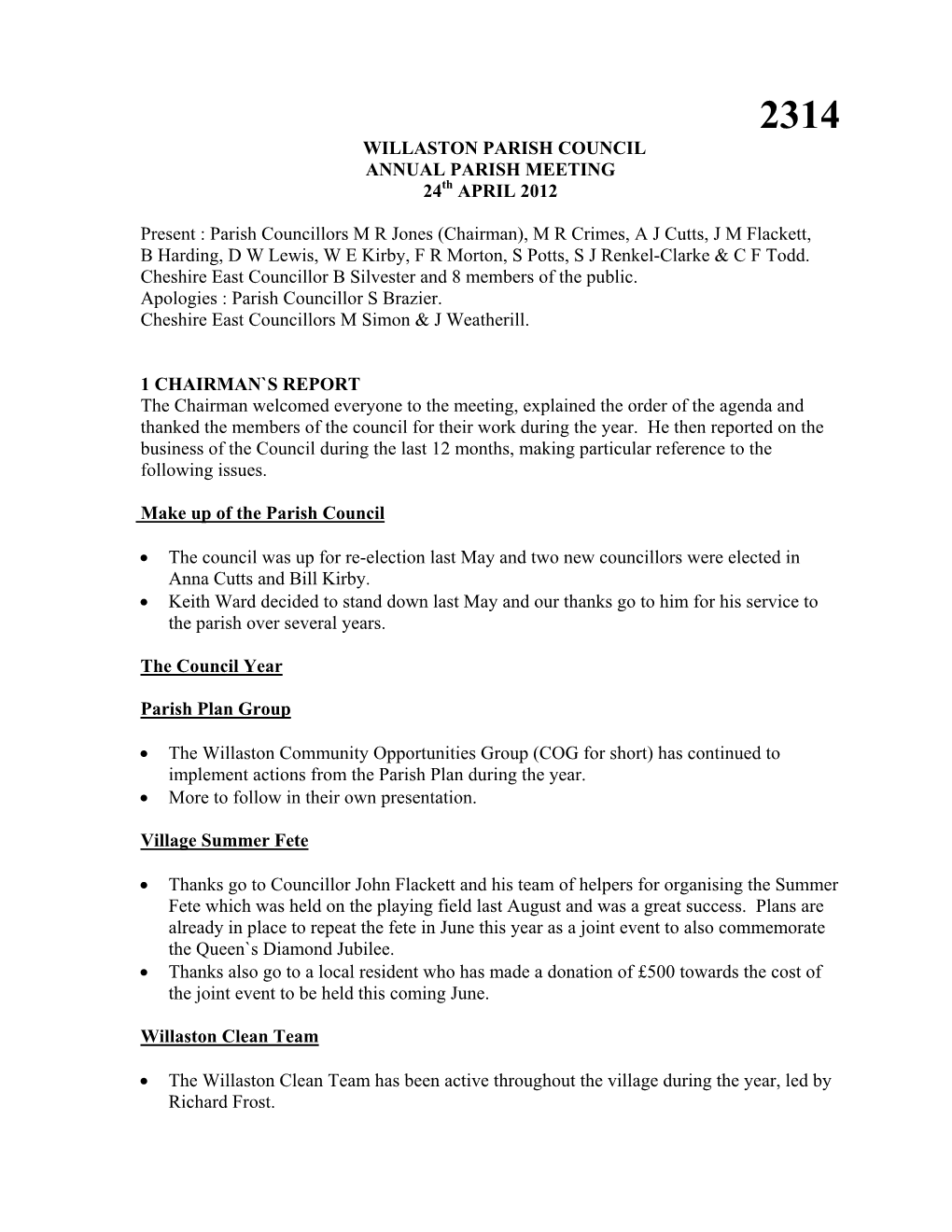 WILLASTON PARISH COUNCIL ANNUAL PARISH MEETING 24Th APRIL 2012