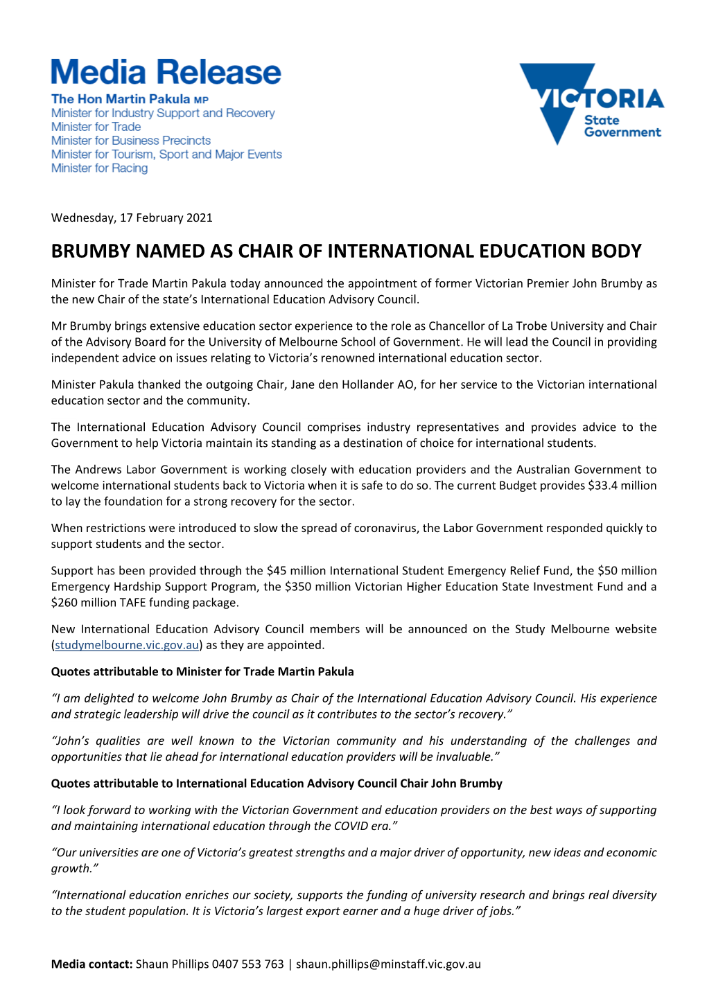 Brumby Named As Chair of International Education Body