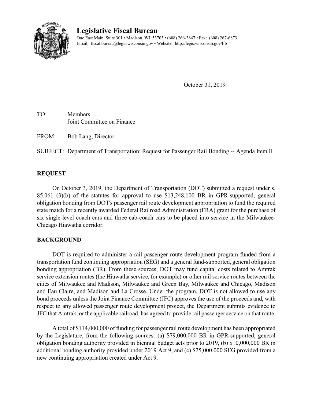 Transportation: Request for Passenger Rail Bonding -- Agenda Item II