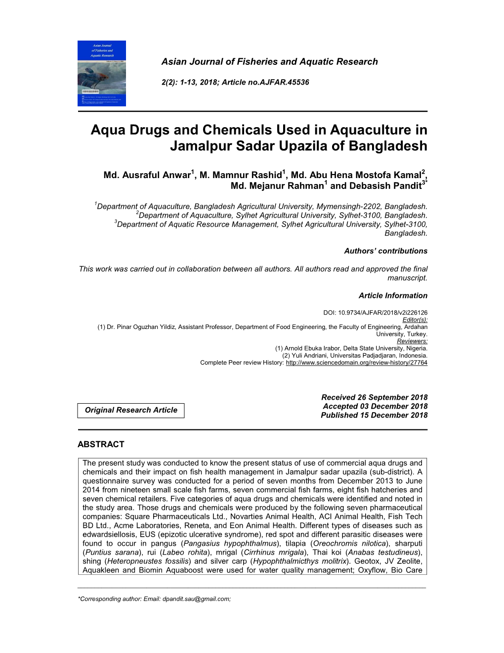 Aqua Drugs and Chemicals Used in Aquaculture in Jamalpur Sadar Upazila of Bangladesh