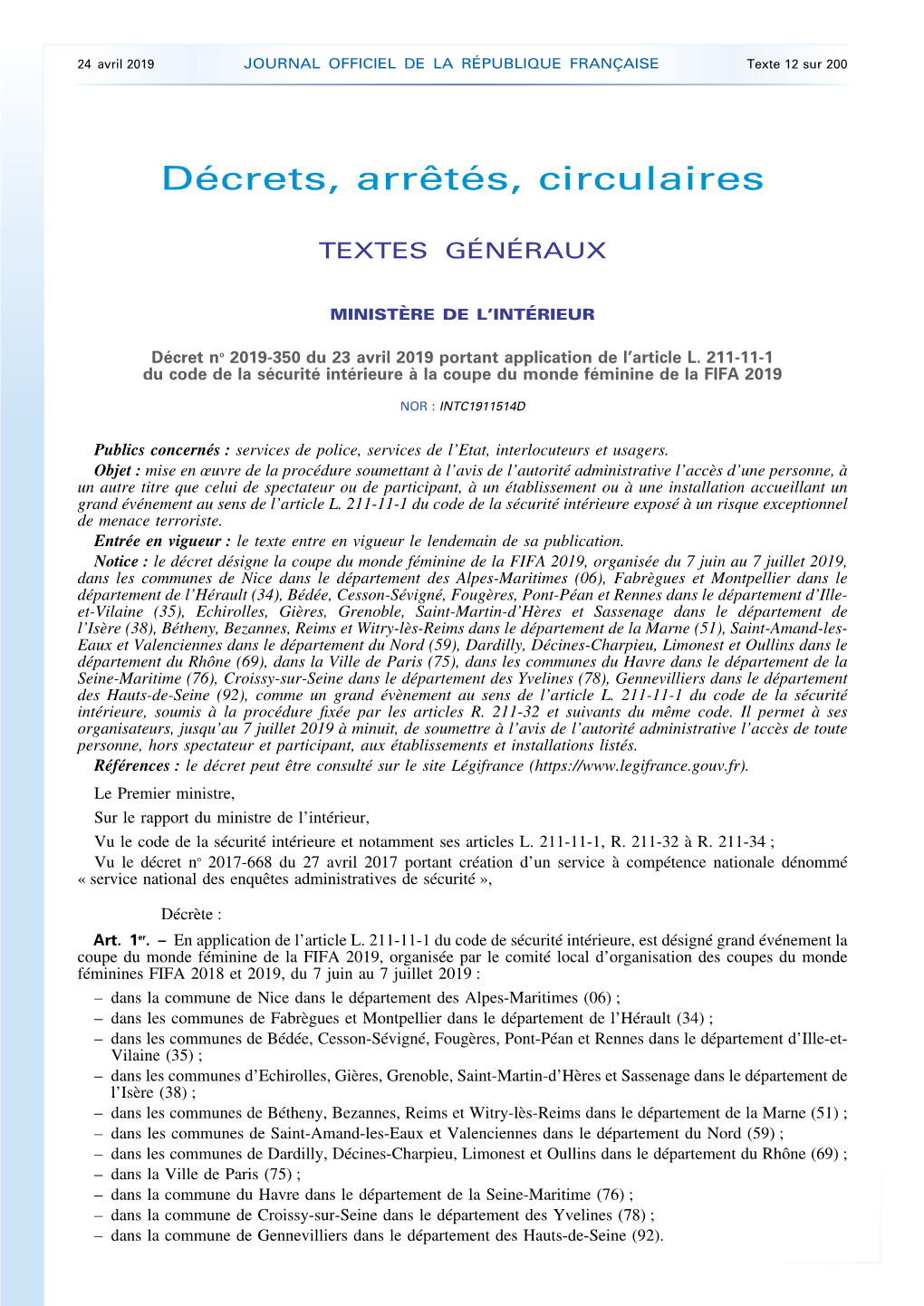 JOURNAL OFFICIEL DE LA RÉPUBLIQUE FRANÇAISE Texte 12 Sur 200