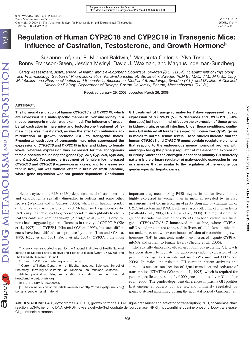 Regulation of Human CYP2C18 and CYP2C19 in Transgenic Mice: Influence of Castration, Testosterone, and Growth Hormone□S