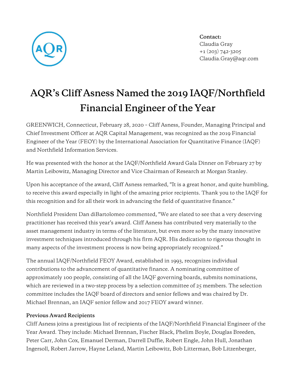 AQR's Cliff Asness Named the 2019 IAQF/Northfield Financial Engineer of the Year