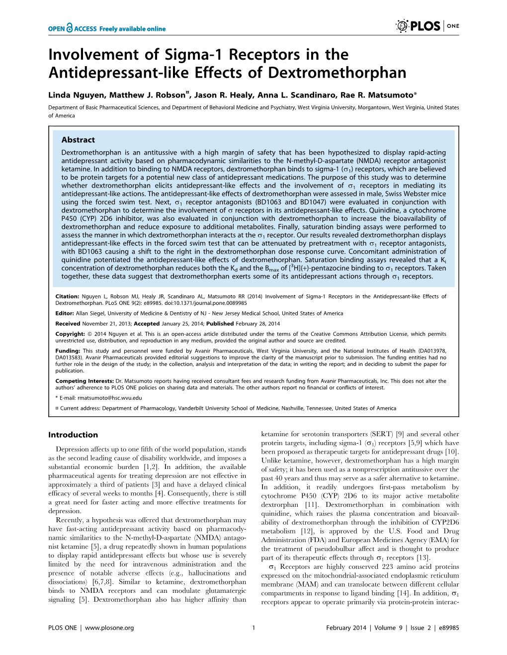 Involvement of Sigma-1 Receptors in the Antidepressant-Like Effects of Dextromethorphan